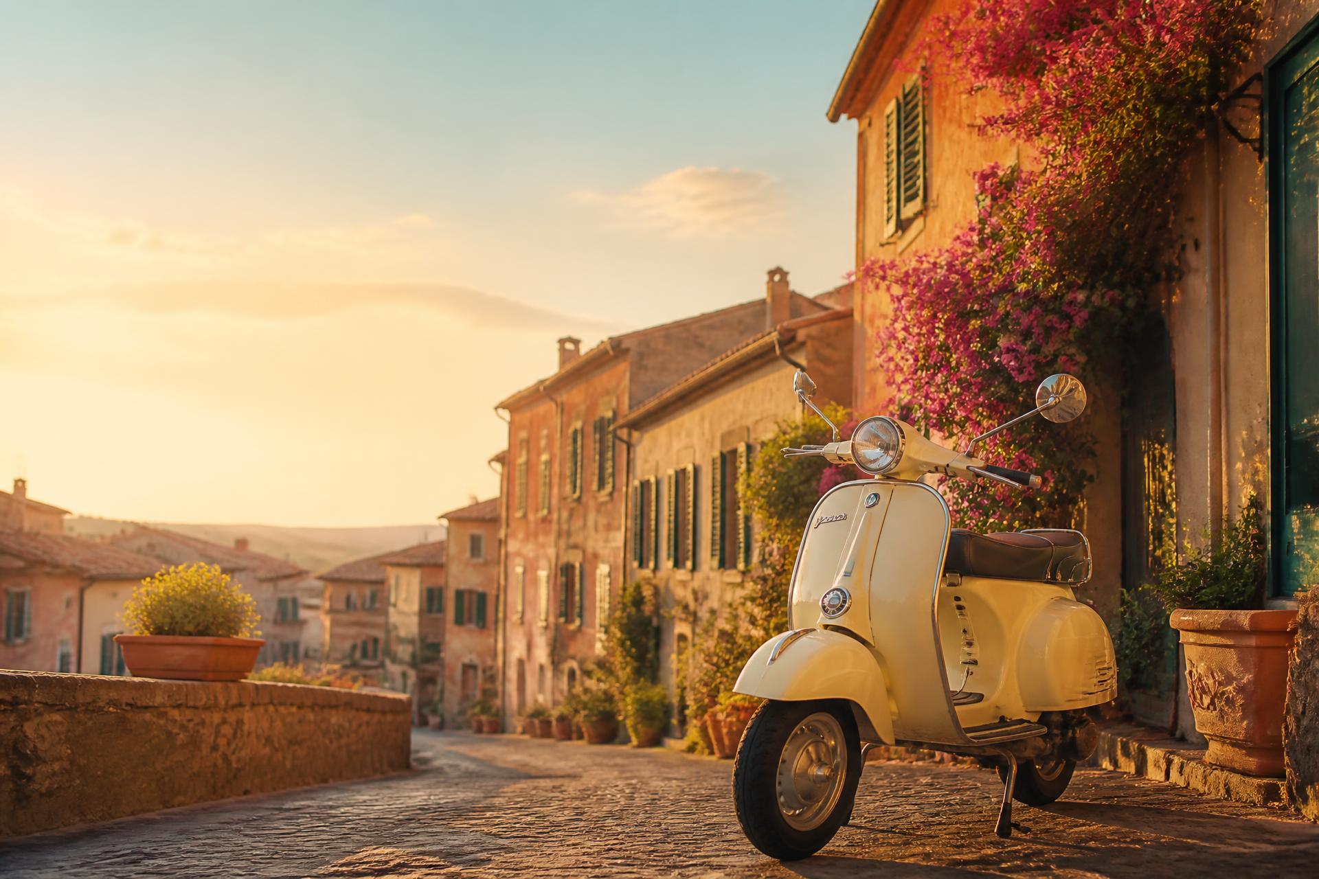 Klassische Vespa vor warmen italienischen Häusern im Abendlicht